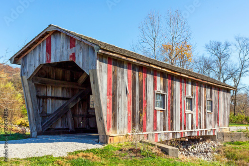 A covered bridge at the Historic Daniel Boone Home Park in Defiance, Missouri