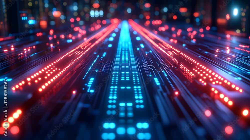 Obraz premium Illuminated Data Highway: Futuristic image of data flowing through a network, symbolized by glowing red and blue lines. Capturing the essence of connectivity, technology, and the digital age.