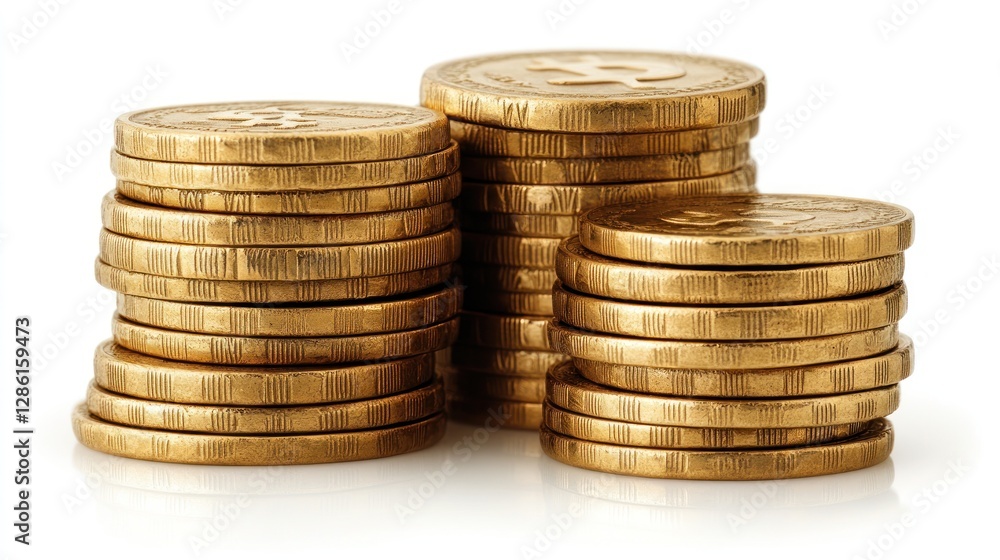 Gold coins stacked in neat piles on white background Gold coins stacked in neat piles on white background