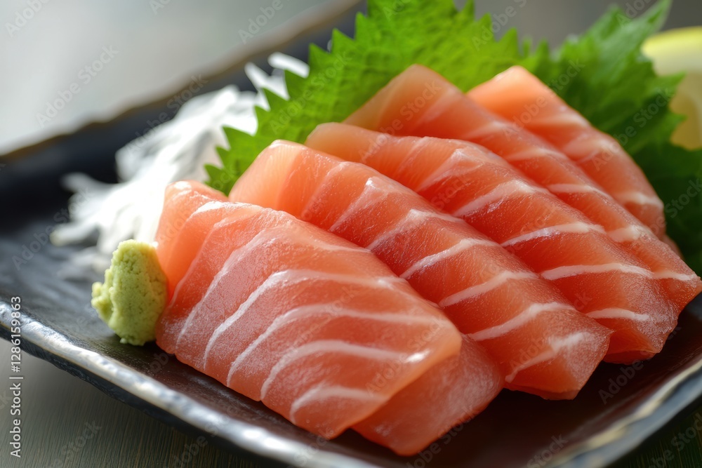 Fresh salmon sashimi slices on a plate, garnished with wasabi and shiso leaves, showcasing Japanese culinary art. Fresh salmon sashimi slices on a plate, garnished with wasabi and shiso leaves, showcasing Japanese culinary art.
