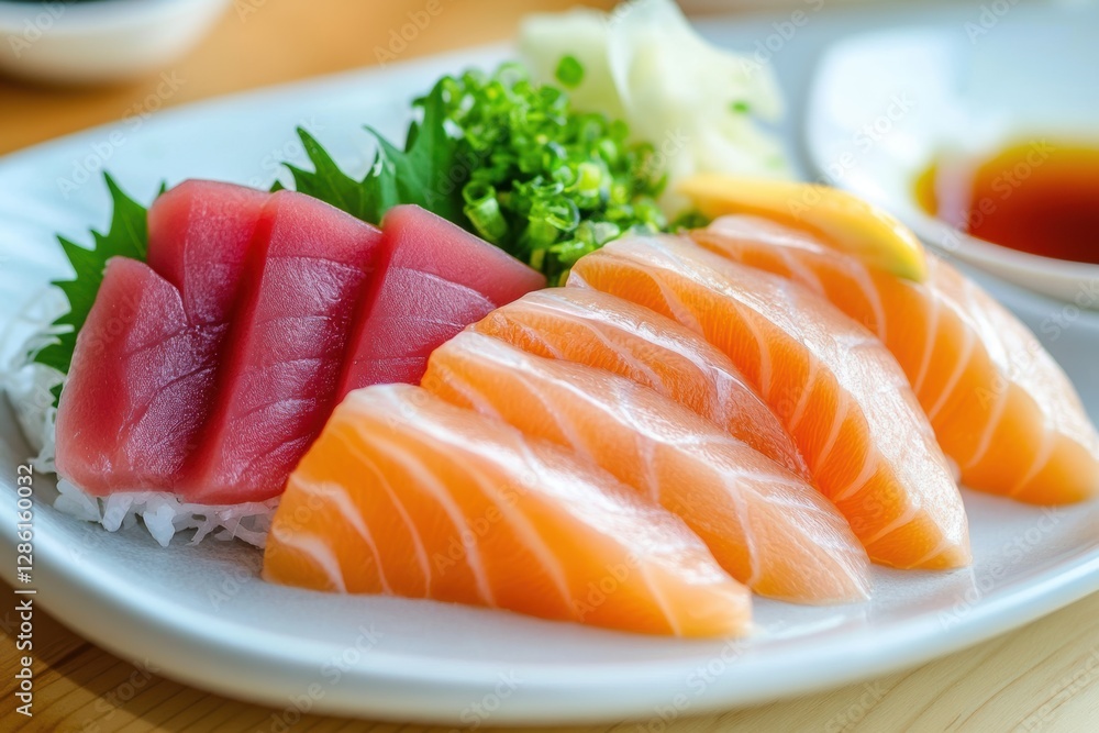 Fresh salmon sashimi slices on a plate, garnished with wasabi and shiso leaves, showcasing Japanese culinary art. Fresh salmon sashimi slices on a plate, garnished with wasabi and shiso leaves, showcasing Japanese culinary art.