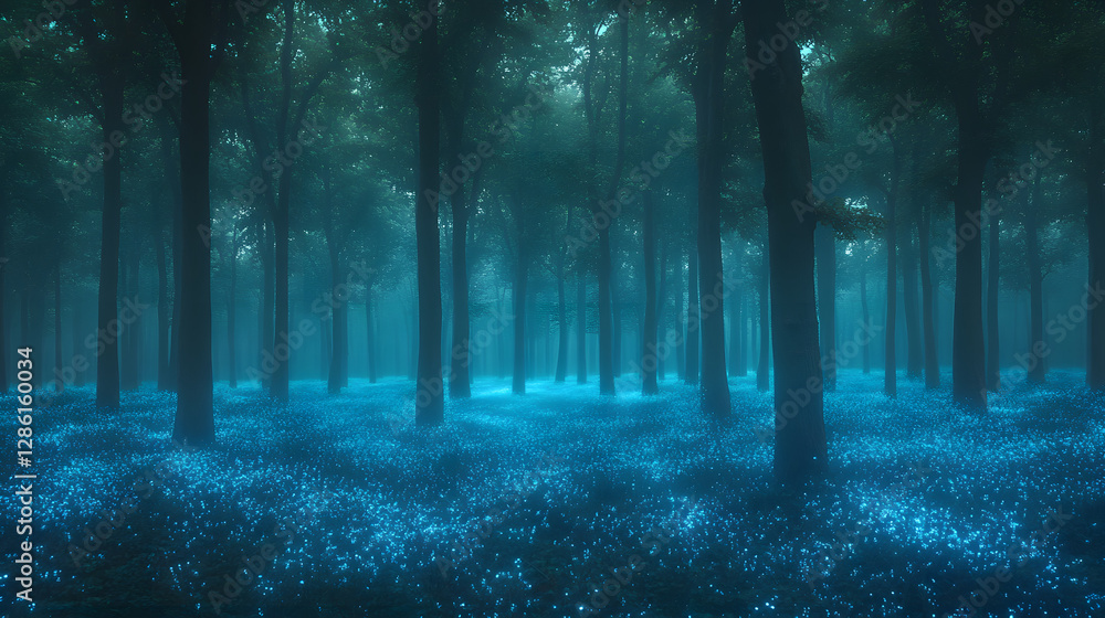 Fototapeta premium Mystical Forest: A captivating scene of a forest shrouded in a layer of fog with glowing blue flowers carpeting the ground, offering a surreal atmosphere.