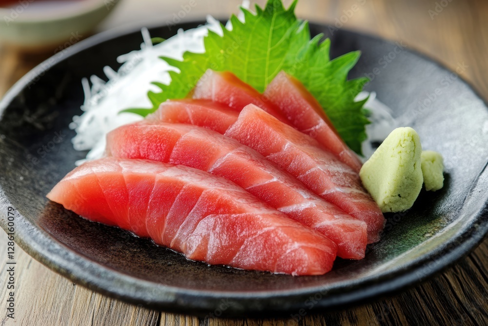 Fresh salmon sashimi slices on a plate, garnished with wasabi and shiso leaves, showcasing Japanese culinary art. Fresh salmon sashimi slices on a plate, garnished with wasabi and shiso leaves, showcasing Japanese culinary art.