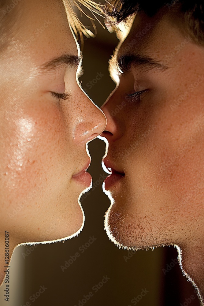 Obraz premium Intimate close up of young couple about to kiss with glowing skin and romantic tension capturing passion chemistry love high quality stock photo