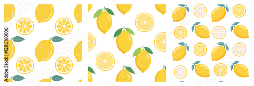 Bright seamless lemon patterns showcasing whole lemons slices and leaves in a fresh vibrant design perfect for backgrounds textiles and other creative projects needing a citrusy touch