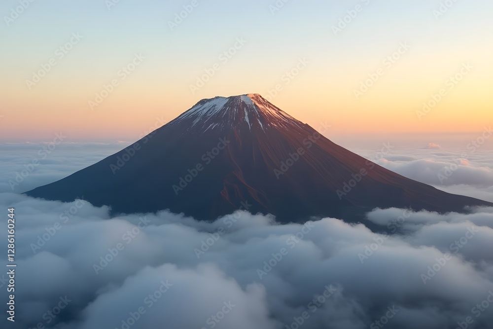 A volcanic peak rising above the clouds, its slopes bathed in golden morning light.
