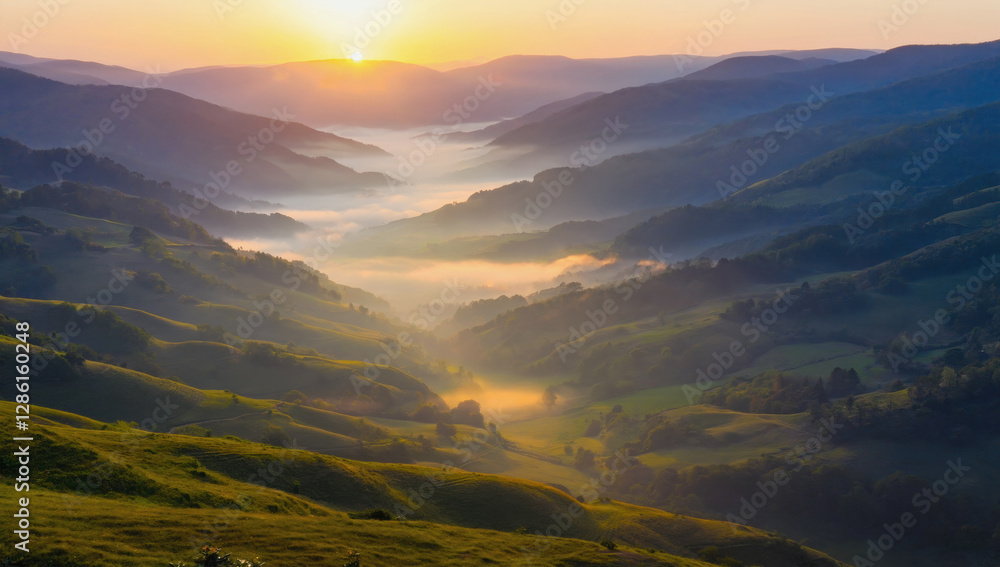 Fototapeta premium A Gorgeous Sunrise Illuminates a Mist-Filled Green Valley Surrounded by Layers of Rolling Hills