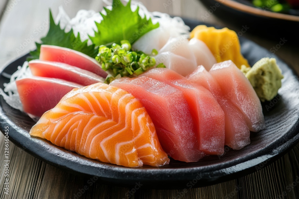 Fresh salmon sashimi slices on a plate, garnished with wasabi and shiso leaves, showcasing Japanese culinary art. Fresh salmon sashimi slices on a plate, garnished with wasabi and shiso leaves, showcasing Japanese culinary art.
