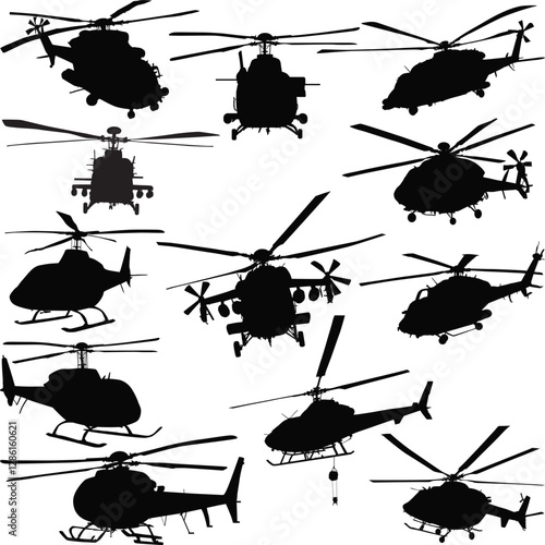 twelve helicopter silhouettes isolated on white