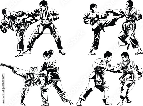 hand-to-hand black fighters isolated eight sketches