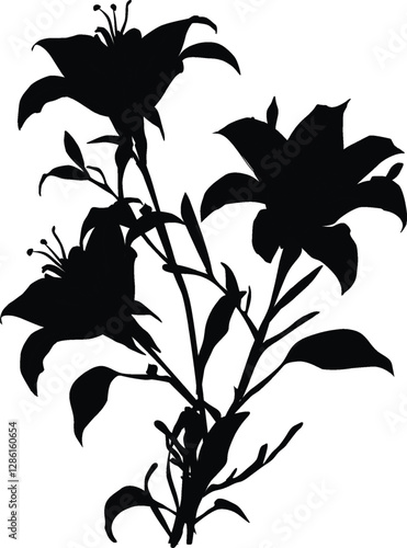 black silhouette of  three blooms lily flower isolated on white