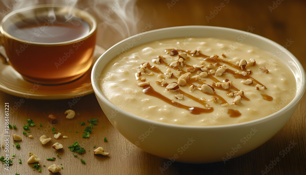 Photo Creamy Hot Cereal with Hazelnuts and Caramel Drizzle, Tea Photo Creamy Hot Cereal with Hazelnuts and Caramel Drizzle, Tea