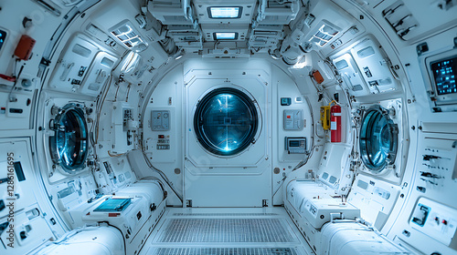 Inside the Starship: A meticulously detailed view of a futuristic spacecraft's interior, immersing viewers in a cold, clean, and advanced technological environment.