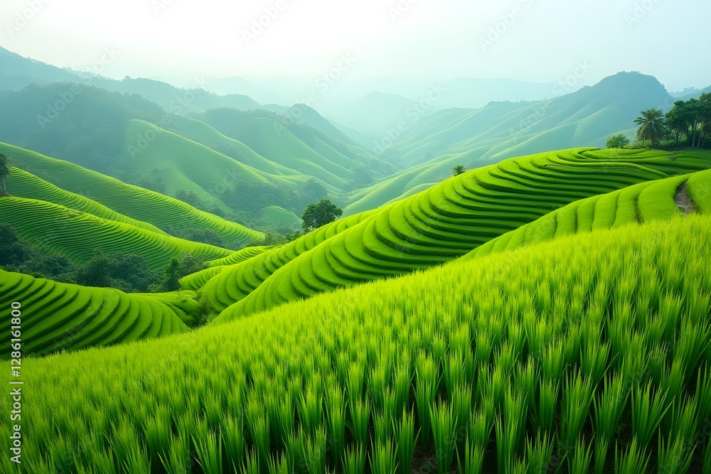 A high-angle shot of rolling hills covered in bright green rice fields. A high-angle shot of rolling hills covered in bright green rice fields.