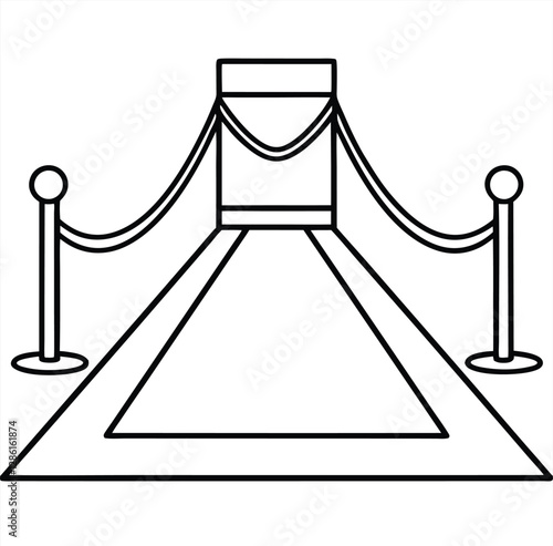 Isolated 3d red velvet carpet with gold stanchion rope barrier on white for VIP event entrance. Red velvet carpet entrance for VIP gala success.