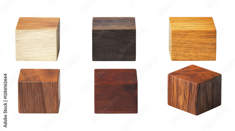 Unique wooden cubes arranged in a grid showcasing various colors and textures in a minimalist setting