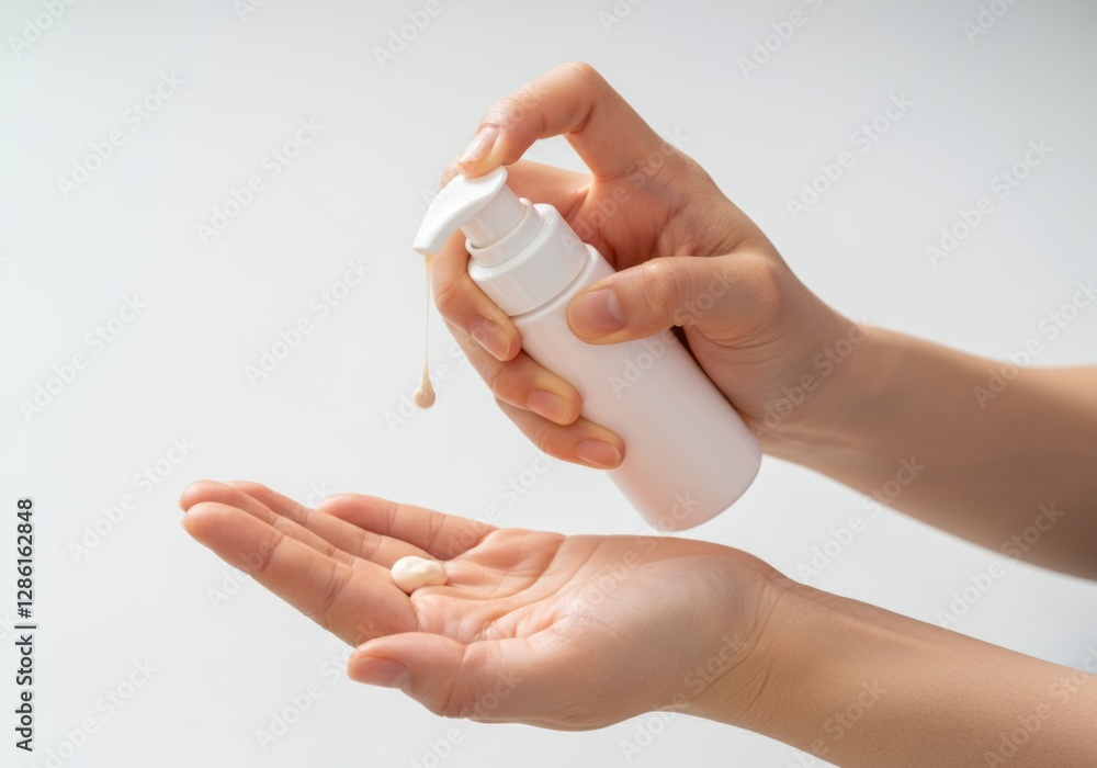 Hands using white pump bottle to dispense skincare lotion in minimalist setting Hands using white pump bottle to dispense skincare lotion in minimalist setting