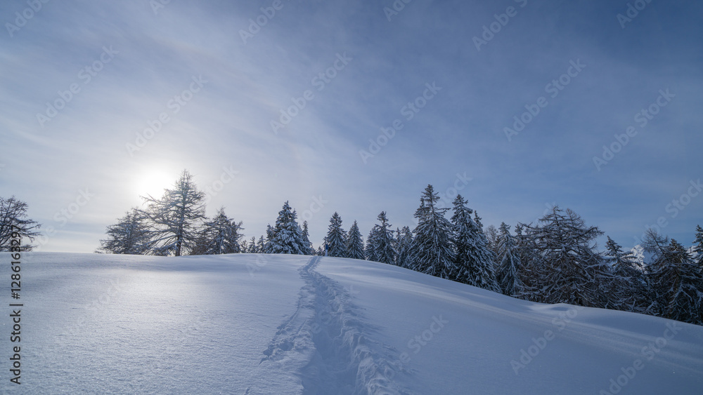winter road in the mountains, snowshoeing, mountains landscape, Nendaz, Swiss Alps winter road in the mountains, snowshoeing, mountains landscape, Nendaz, Swiss Alps