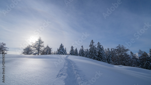 winter road in the mountains, snowshoeing, mountains landscape, Nendaz, Swiss Alps