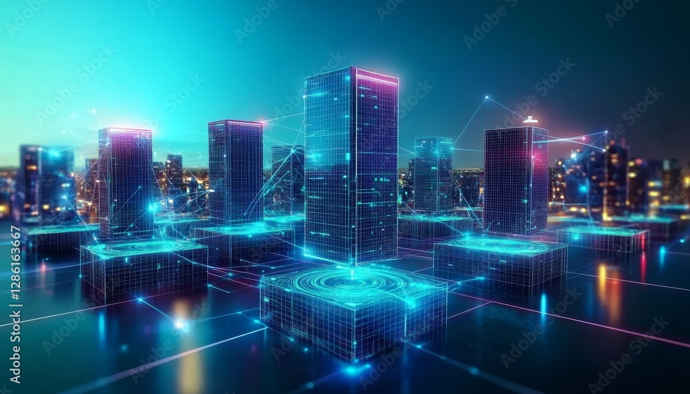 Fototapeta premium Digital Cityscape Wireframe Buildings, Networked, Futuristic, 3D Render, Smart City Smart City, Metaverse