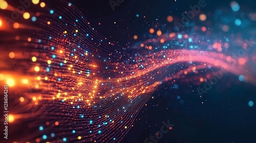 Glowing Particle Wave Abstract Digital Art, Orange and Blue, Network Concept, digital art, abstract background digital art, abstract background