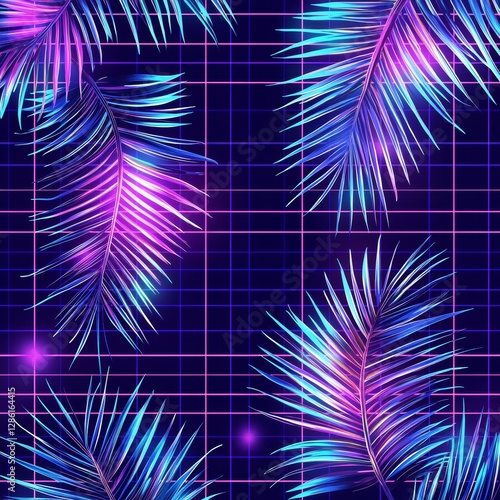 A seamless pattern of neon palm leaves in a modern style. A tropical background with a glowing grid, evoking vaporwave, retrowave, and synth music themes.