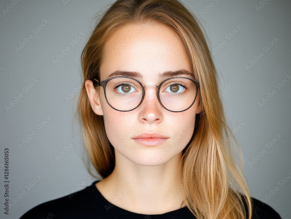 Portrait of a serious young woman with glasses and blonde hair gazing directly with confident neutral expression in high resolution professional photography for lifestyle and identity representation Portrait of a serious young woman with glasses and blonde hair gazing directly with confident neutral expression in high resolution professional photography for lifestyle and identity representation
