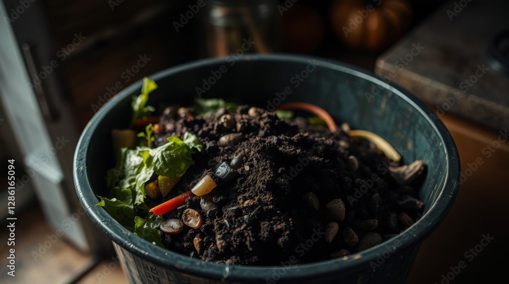 Compost bin filled with kitchen scraps and soil, promoting sustainable waste management practices. Compost bin filled with kitchen scraps and soil, promoting sustainable waste management practices.