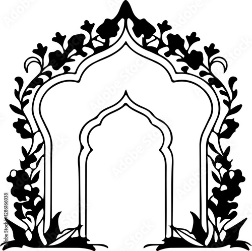 Mughal Decorative Arch Floral Vector, Ornamental Floral Arch Design, Traditional Mughal Arch Art, Vintage Mughal Floral Frame, Royal Mughal Architecture Vector, Islamic Ornamental Arch Pattern, Mughal