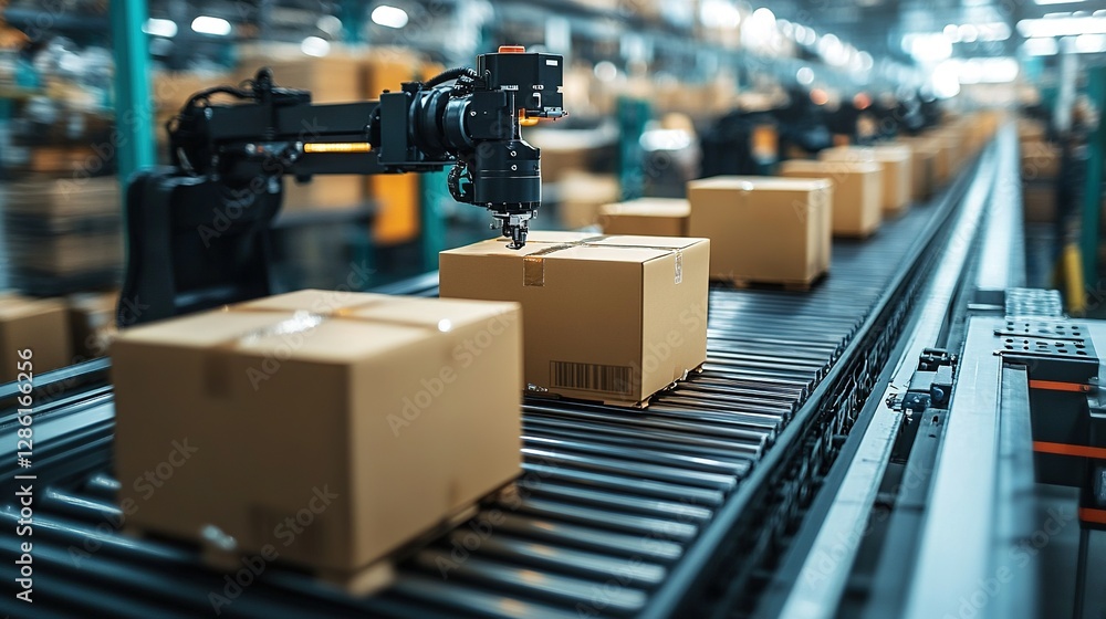 Industrial robots sorting packages with copy space on the bottom left, in artificial lighting, within a distribution center. Industrial robots sorting packages with copy space on the bottom left, in artificial lighting, within a distribution center.