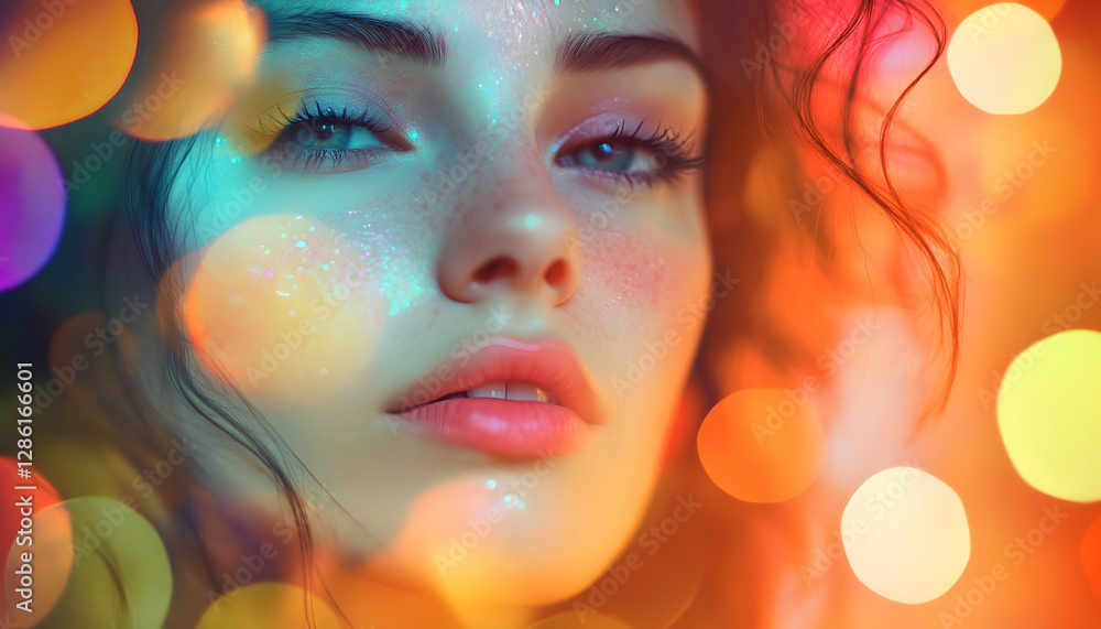 Fototapeta premium Illustration - Woman with Glitter Makeup and Bokeh Lights Background