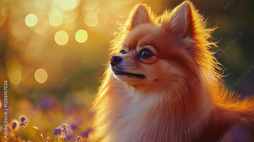 Obraz premium Golden Pomeranian Dog Sunset Portrait