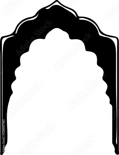 Stylized black and white vector graphic of an ornate archway