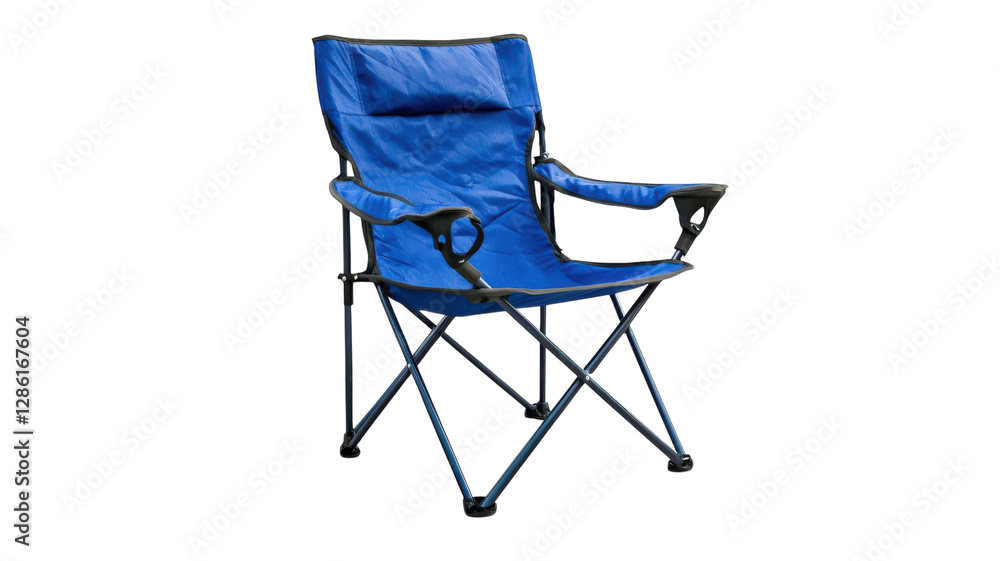 Folding blue camping chair positioned on a flat surface, perfect for outdoor relaxation and gatherings near the beach or park