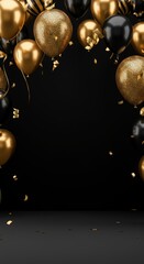 Elegant black and gold balloons with confetti on a dark background for festive celebrations