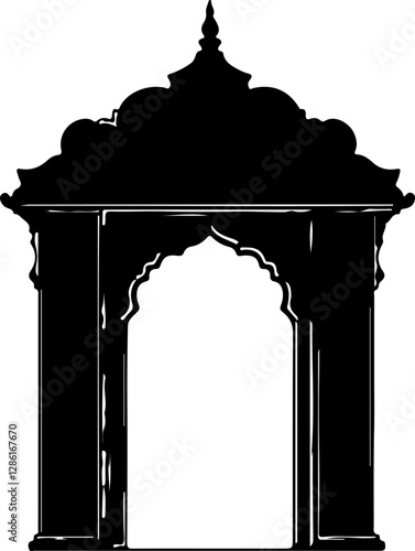 Stylized black and white vector graphic of an ornate archway