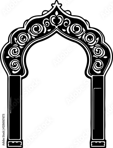 Stylized black and white vector graphic of an ornate archway