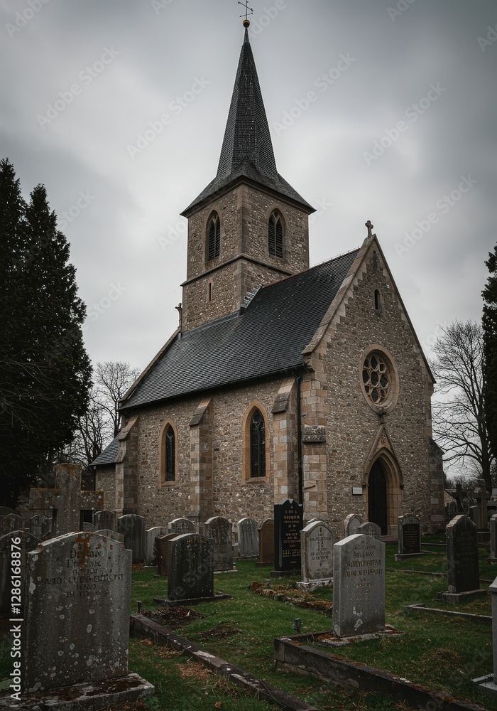 Fototapeta premium Stone Church in Cemetery Grey Sky Gothic Architecture Gravestones Religious Building