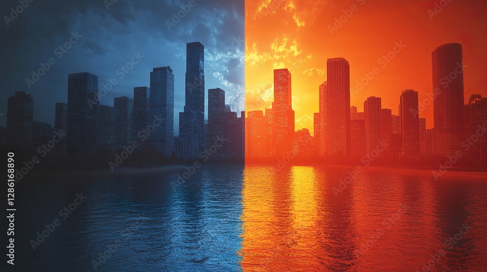 Naklejka premium Divided City Night and Day Urban Skyline Reflection