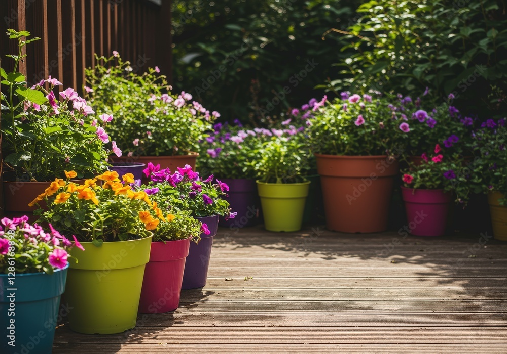 Vibrant Colorful Flowers in Pots on a Wooden Deck Summer Garden Decor Vibrant Colorful Flowers in Pots on a Wooden Deck Summer Garden Decor
