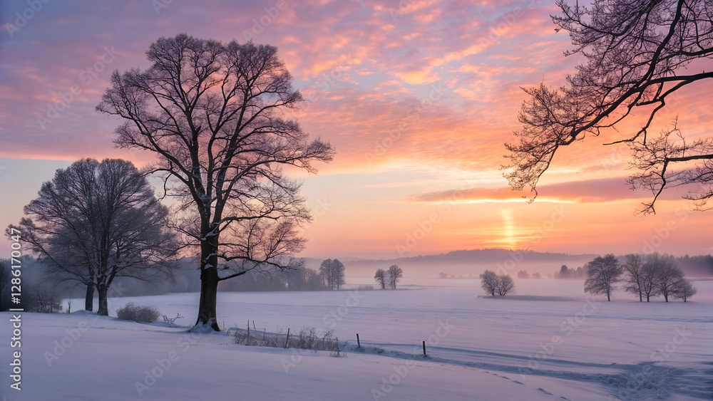 Winter sunrise with soft golden light and mist over snow-covered landscape Winter sunrise with soft golden light and mist over snow-covered landscape