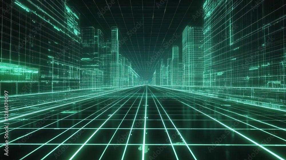 Digital Cityscape Wireframe Green Illuminated Streetscape Digital Cityscape Wireframe Green Illuminated Streetscape