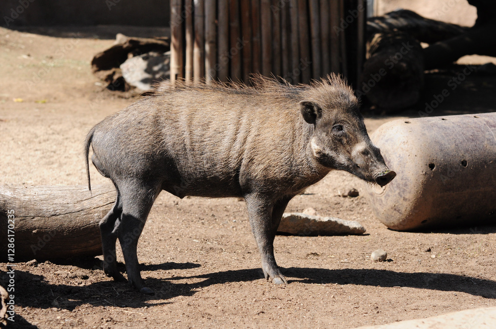 Fototapeta premium Babirusa on sandy ground in zoo, displaying distinctive curved tusks