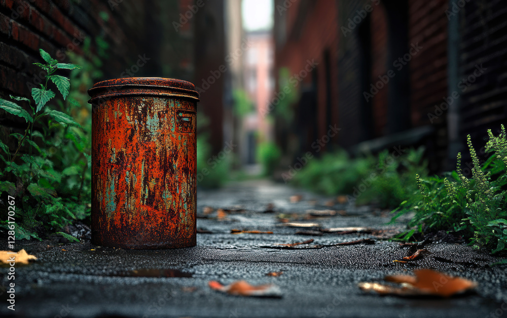 A weathered, rusting trash can stands alone on a damp, leaf-strewn alley, surrounded by lush greenery, capturing the essence of urban deterioration and seasonal change. A weathered, rusting trash can stands alone on a damp, leaf-strewn alley, surrounded by lush greenery, capturing the essence of urban deterioration and seasonal change.