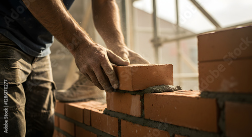 Construction Worker Laying Brick Wall with Mortar Building Structure Project