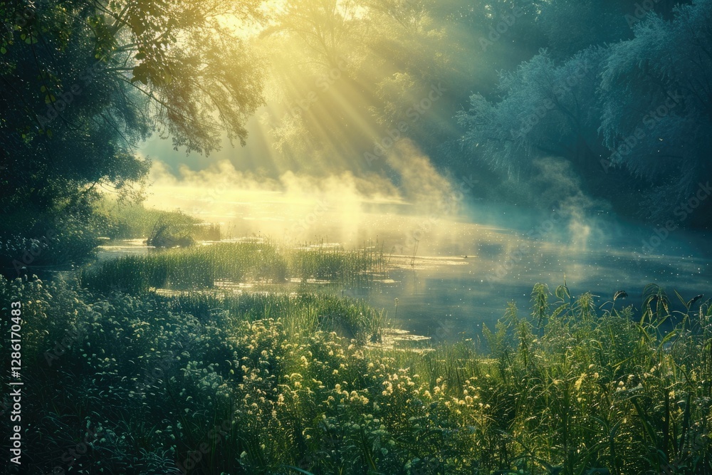 Fototapeta premium Sunbeams pierce morning mist above a tranquil river, illuminating lush greenery and wildflowers along its banks.