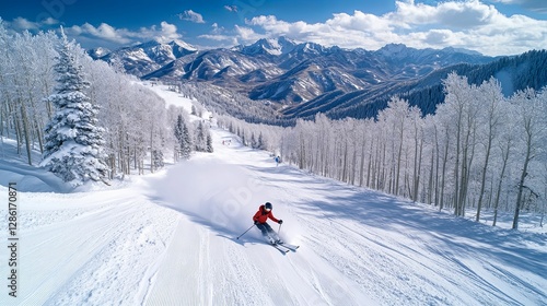 Skier Descending Snowy Mountain Slope Amidst Aspen Trees