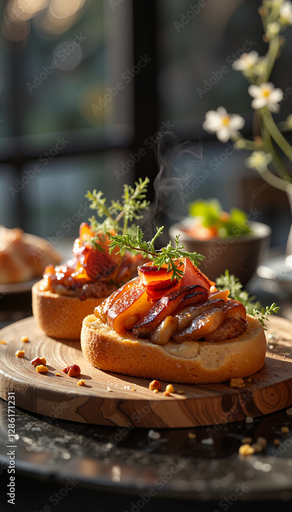 Luxurious open-faced sandwich steaming on wooden board, gourmet dining Luxurious open-faced sandwich steaming on wooden board, gourmet dining
