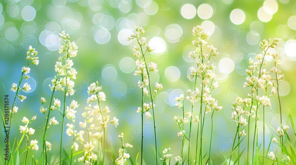 White Wildflower Meadow with Bokeh Lights Springtime Nature Background White Wildflower Meadow with Bokeh Lights Springtime Nature Background