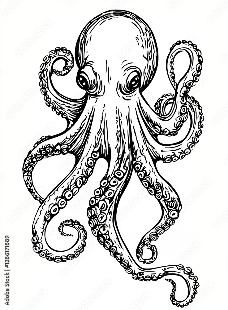 Black-and-White Cartoon Octopus Artwork, Detailed Line Art for Tattoo Design, イラスト, 白黒, タコ, No Background, Creative Sketch Black-and-White Cartoon Octopus Artwork, Detailed Line Art for Tattoo Design, イラスト, 白黒, タコ, No Background, Creative Sketch